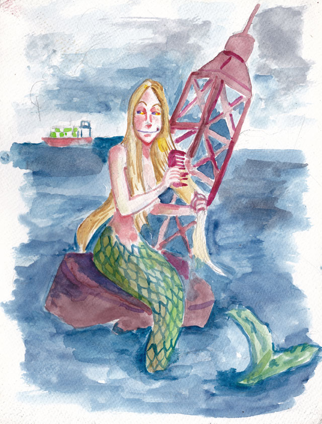 wpmorse watercolor illustration Mermay Day three. A mermaid thinks of the possibilities as she watched a cargo ship go by as she sits on a navigation buoy while combing her hair.