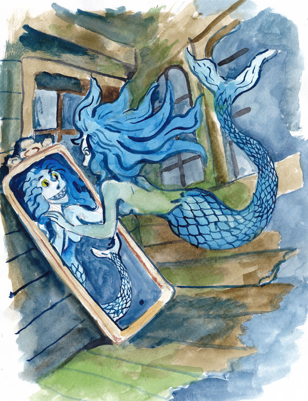 wpmorse - watercolor - illustration - Mermay2019 - A mermaid finds a mirror in the cabin of a sunken ship and admires her reflection.