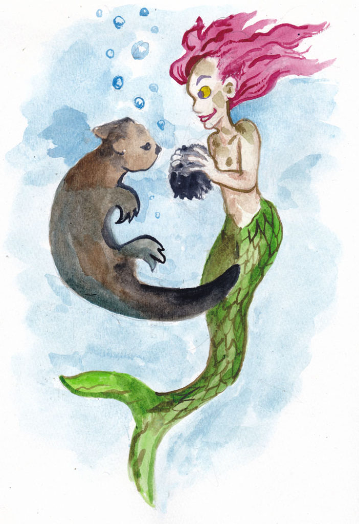 wpmorse watercolor illustration for The 2019 Mermay challenge. A Mermaid gives her friend the Sea Otter the gift of a Sea Urchin