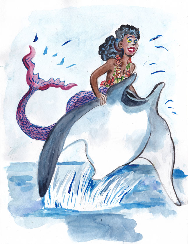 Wpmorse watercolor illustration the ocean is huge. So the mermaid hitches a ride on a Manta Ray