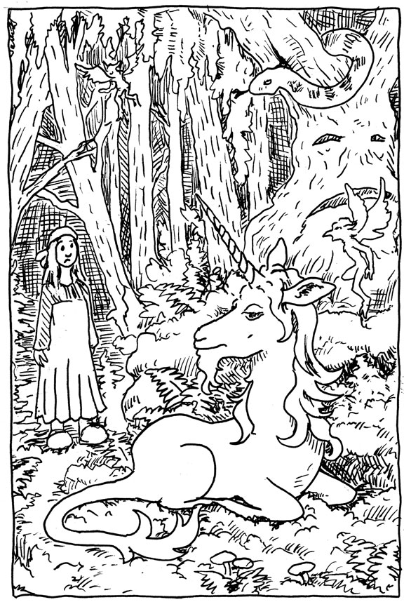 wpmorse - inktober 2019 - enchanted forest - unicorn - lost girl - pen and ink - illustration