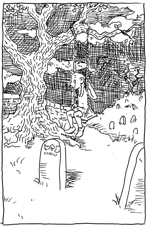 wpmorse - inktober - ghost - halloween - pen and ink - illustration - graveyard - swing