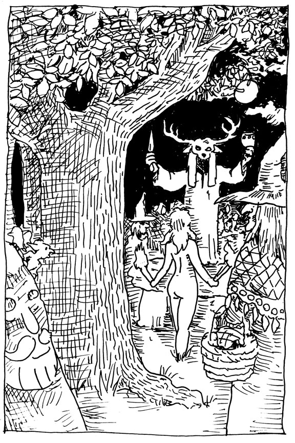 wpmorse illustration halloween witches horned god ceremony Herne the hunter Cerrunos Ash tree midnight pen and ink sketch challenge