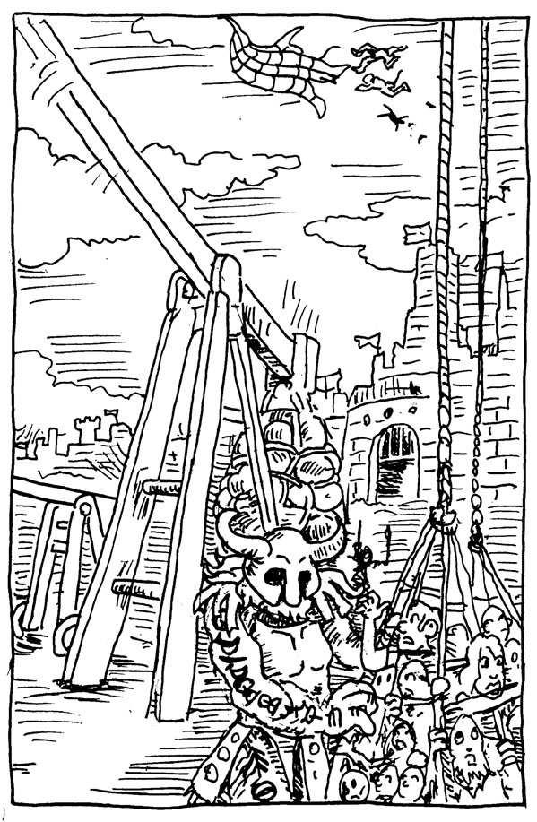 wpmorse halloween siege trebuchet sling orcs inktober pen and ink illustration
