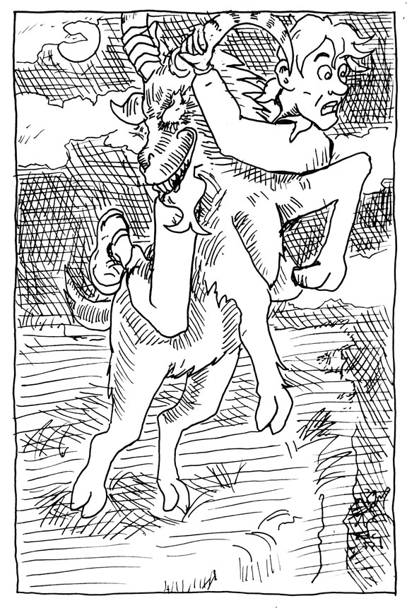 wpmorse inktober a puca gives an unsuspecting traveler a ride right off a cliff. Goat Pooka halloween pen and ink illustration