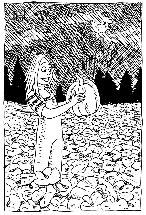 wpmorse inktober witch girl child pumpkin patch ripe night full moon forest farm harvest pen and ink illustration halloween