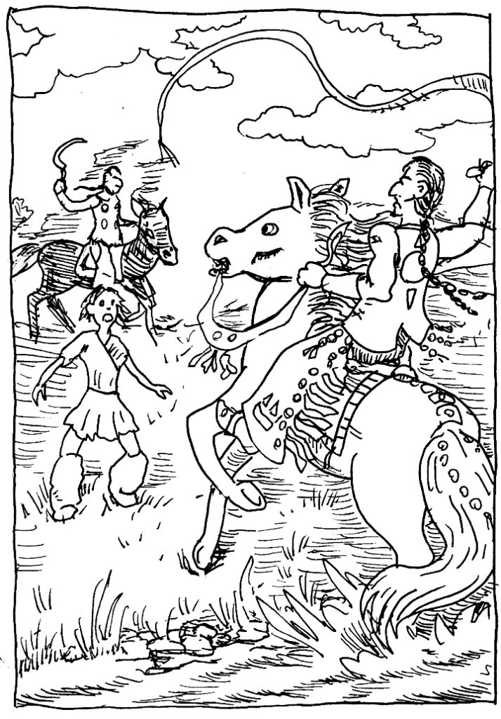 Wpmorse Game of Thrones pen and Ink Illustration Dothraki screamers run down a lhazareen boy. horses carnage