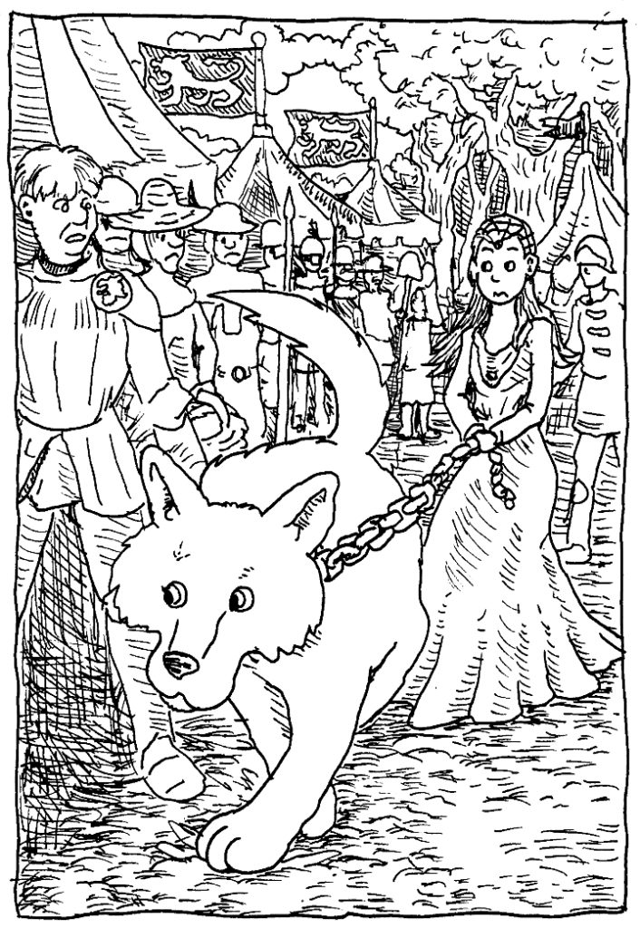 For today's Game of Thrones Illustration, Lady drags her human, Sansa, through the royal camp.
wpmorse sansa stark lady direwolf pen and ink illustration pets