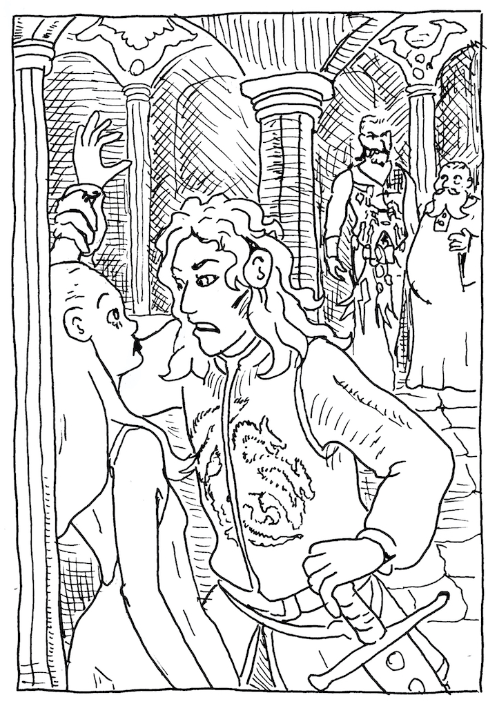 In this Game of Thrones illustration Verys Targaryen orders Daenerys to smile for Khal Drogo.
Illyrio Mopatos wpmorse pen and ink