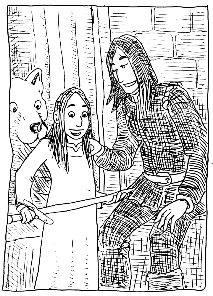 In this Game of thrones, Jon Snow gives Arya her sword, Needle, along with some important instructions, "Stick Them With The Pointy End."
wpmorse pen and ink house stark nymeria