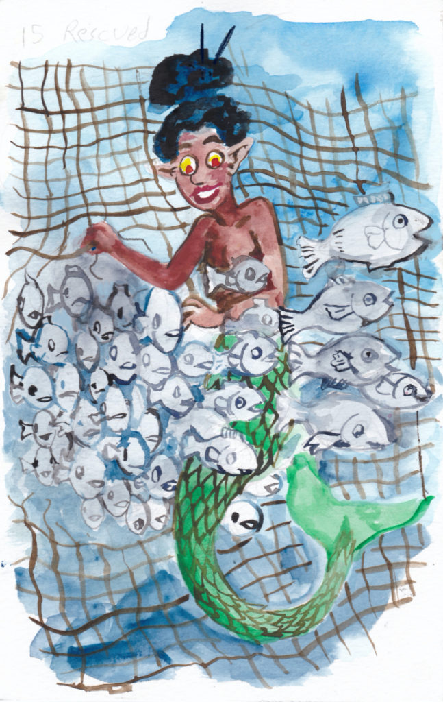 For day fifteen of mermay, a mermaid comes to a school of fish's rescue.
watercolor wpmorse