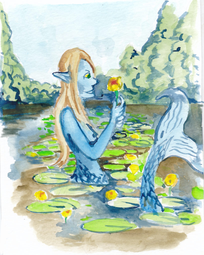In today's Mermay prompt, tranquil, a mermaid admires a waterlily blossom.
watercolor
