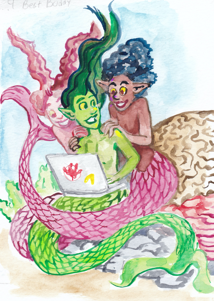 Three Best buddies share a laptop to read a fansite. wpmorse mermay mermaids watercolor