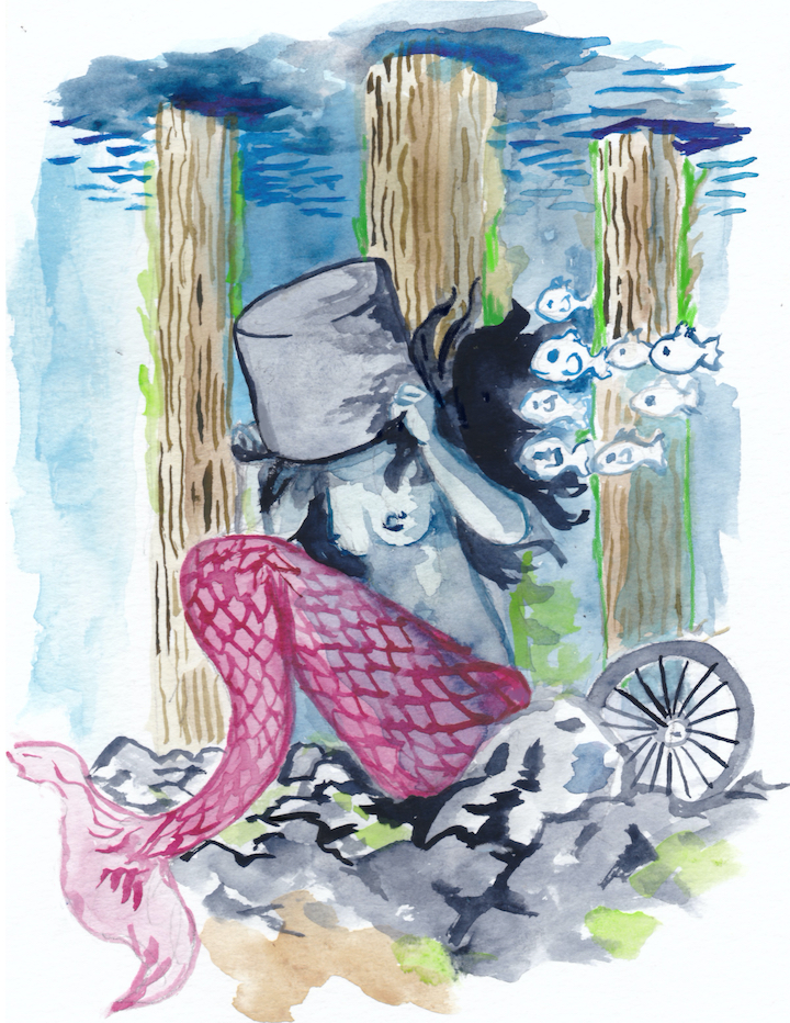 For today's Mermay, Doris the mermaid is so ashamed she hides her head with a bucket.
wpmorse watercolor dock fish