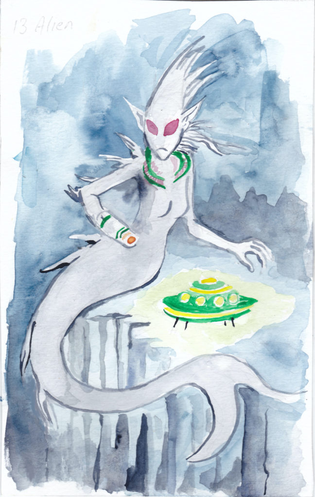 An alien mermaid investigate the ocean trench.
wpmorse mermay flying saucer watercolor
