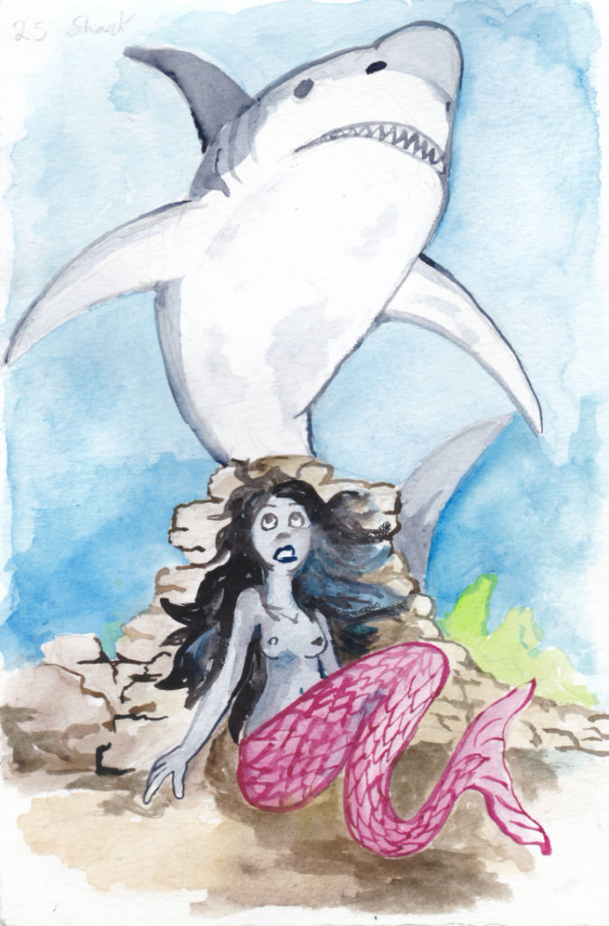 For today's mermay illustration, Doris hides from a shark on its daily hunt.
mermaid wpmorse watercolor