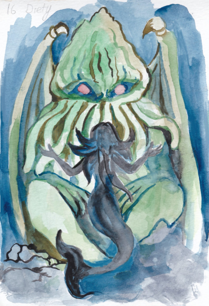 For today's Mermay illustration, a devout mermaid pays homage to her deity, Cthulhu.
wpmorse, watercolor