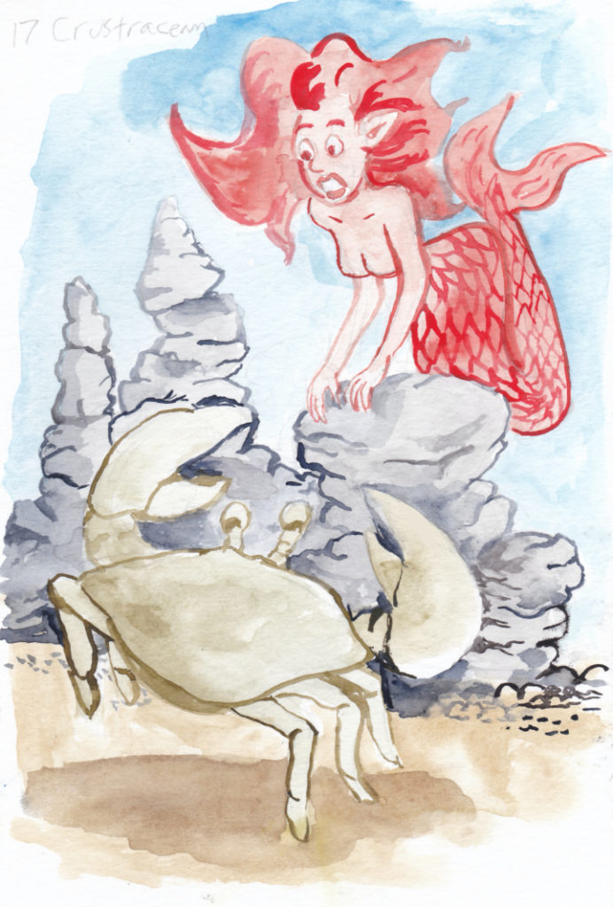 For today's mermay illustration, a terrified mermaid hides from a gregarious crustacean.
wpmorse watercolor ocean crab