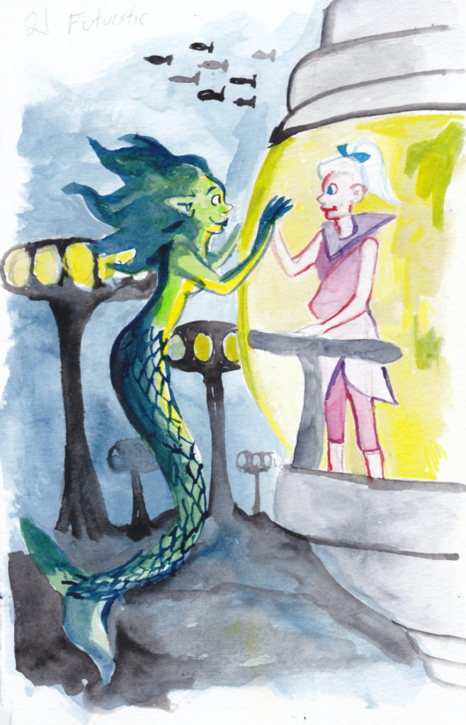 For today's Mermay, in a futuristic setting, a mermaid and a landmaid meet. 
mermay wpmorse illustration watercolor