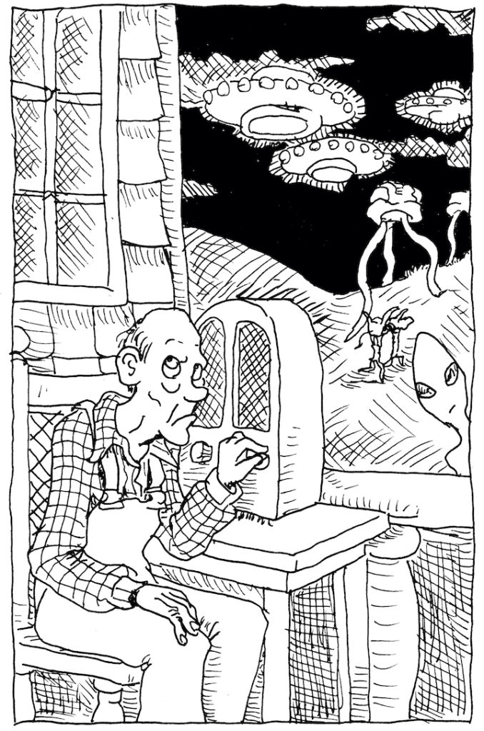 For the fourth day of inktober, a farmer listens to the radio for possible news of an alien invasion.