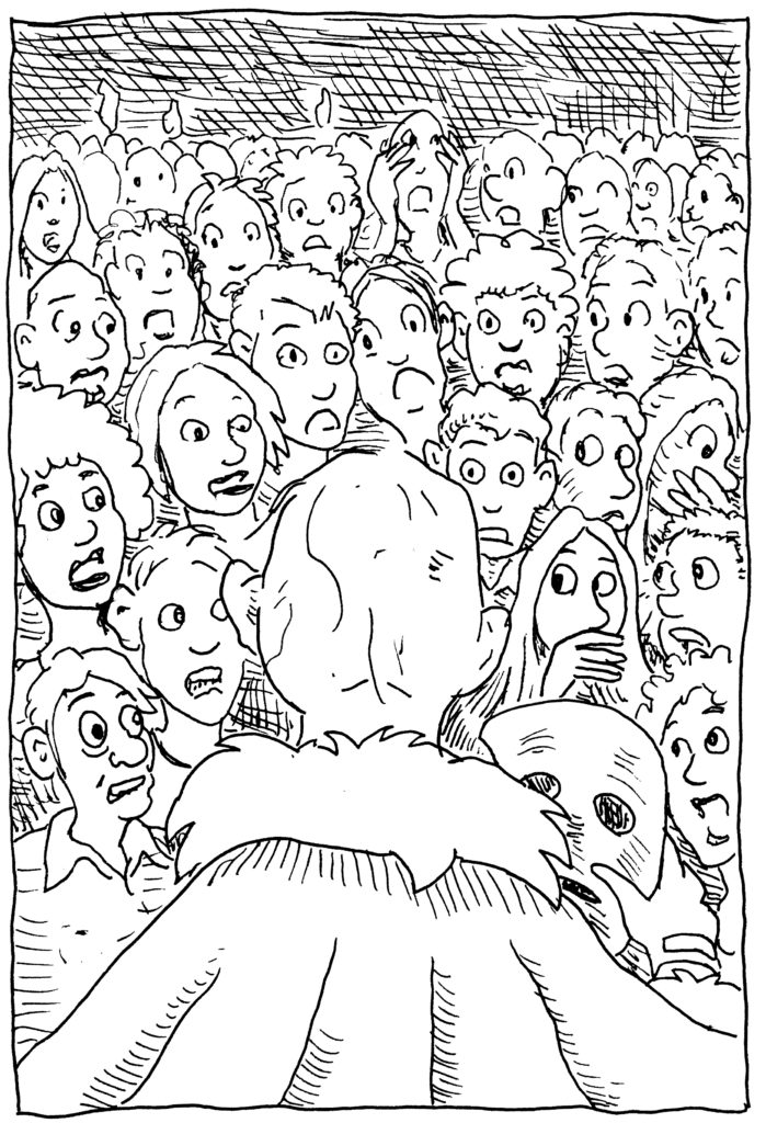 In today's Inktober drawing, a crowd reacts in disgust as the monster reveals his face.
illustration, halloween, sketch challenge, pen and ink