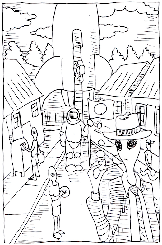 In today's Inktober drawing, a rocket lands in the suburbs.
aliens halloween greys astronaut Levittown pen and ink illustration sketch challenge