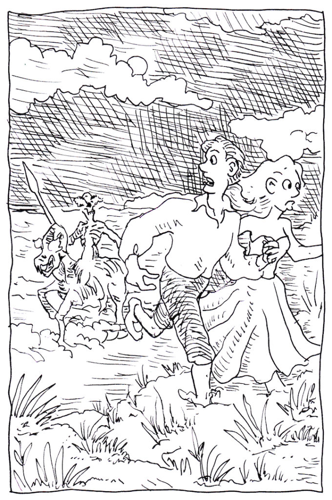 For today's Inktober drawing, a romantic trist on a dune is interrupted by the fearsome Nuckelavee
pen and ink illustration pen and ink sketch challenge