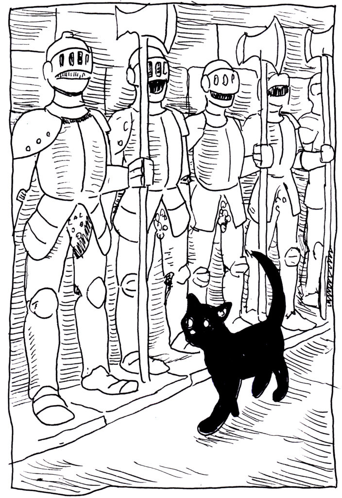 In today's Inktober, drawing a cat walks by a row of suits of armor.
pen and ink, sketch challenge,illustration