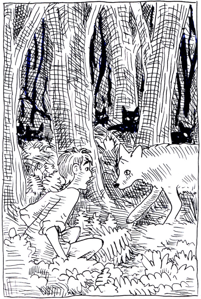 In today's Clash of Kings illustration, a pack of wolves catches Arya with her pants down. 
stark a song of ice and fire sketch pen and ink forest night