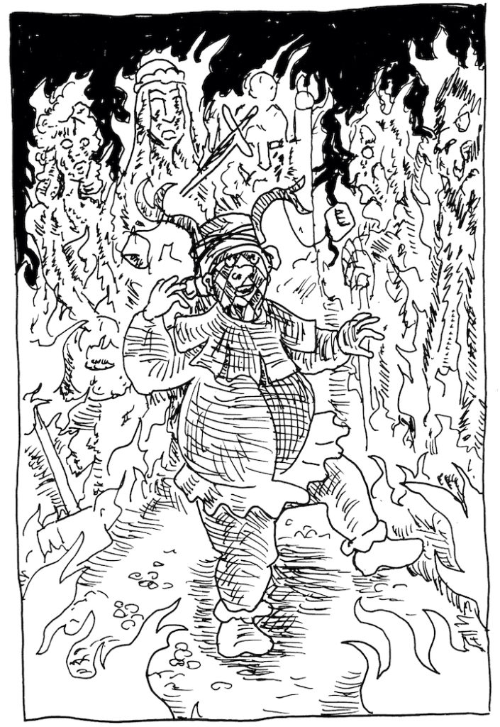 In today's A Clash of Kings Illustration Patchface capers in front of a bonfire of burning gods.
asoiaf fool jester seven wpmorse dragonstone flames a song of ice and fire