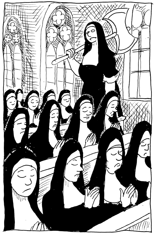 nuns abbey axe sister praying church illustration pen and ink sketch challenge drawlloween 