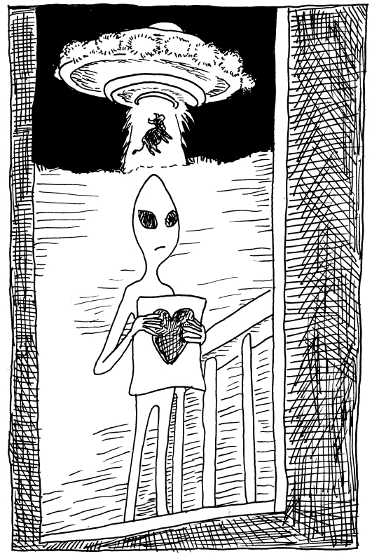 Alien u.f.o flying saucer grey valentine cow pen and ink sketch challenge pen and ink illustration love letter card door steps