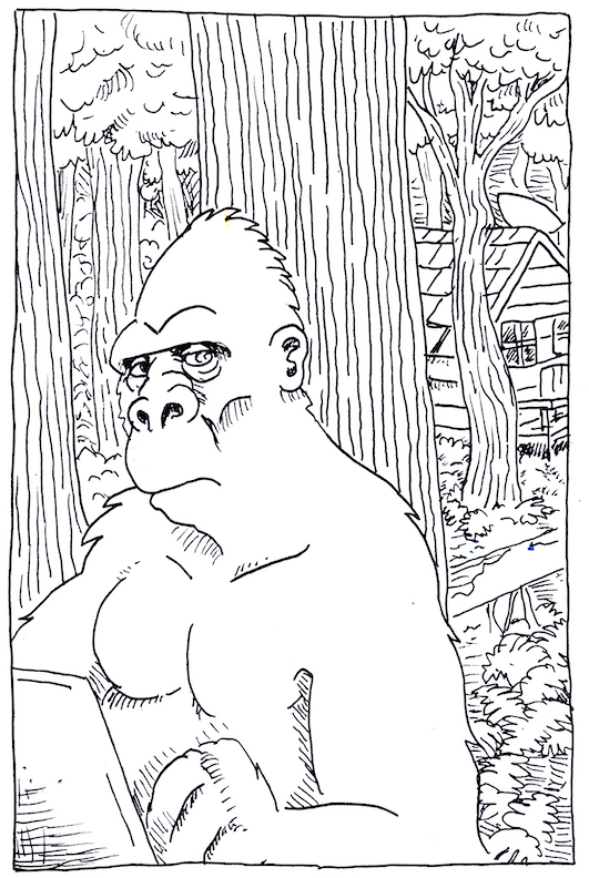 bigfoot sasquatch laptop cabin forest wifi computer trees hominid cryptid pen and ink monster typing illustration wpmorse comic