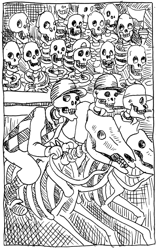 skeletons jockeys horses bones race dead heat wpmorse illustration sketch challenge pen and ink drawlloween