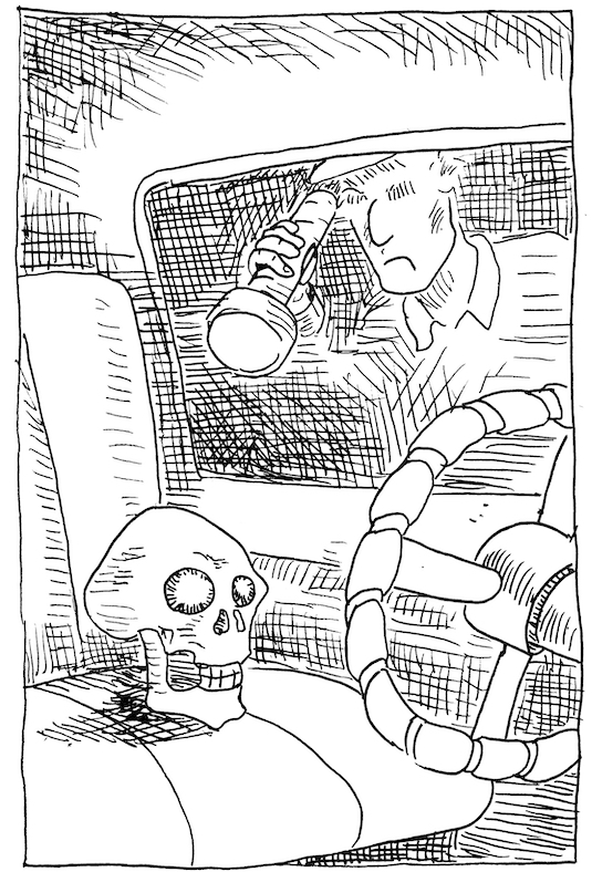 skull car drivers seat steering wheel flashlight bones halloween pen and ink sketch challenge drawlloween wpmorse