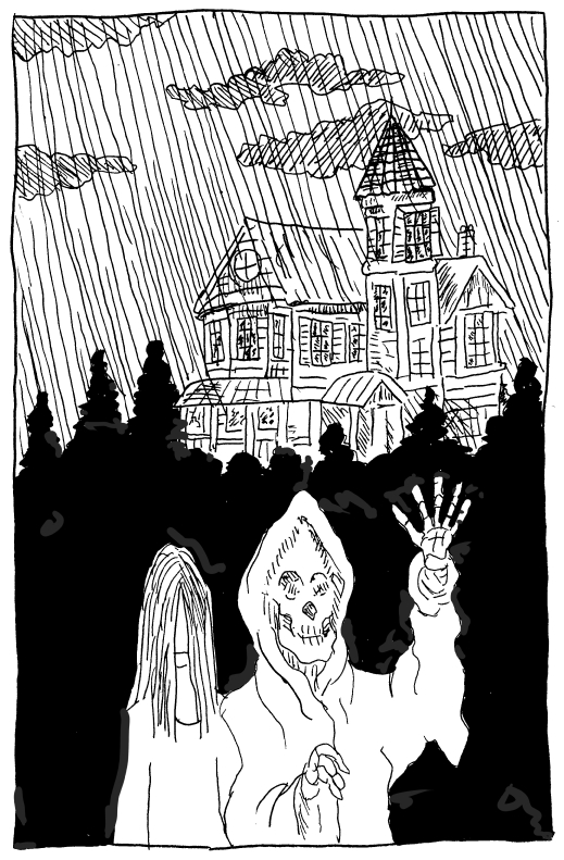 scarebnb haunted house halloween wraith onryō pen and ink rain thunderstorm airbnb illustration drawlloween wave sketch challenge