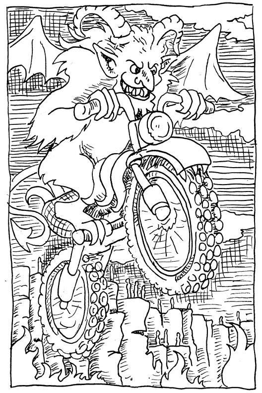 Devil motorcycle jump hell stunt daredevil pen and ink sketch challenge illustration