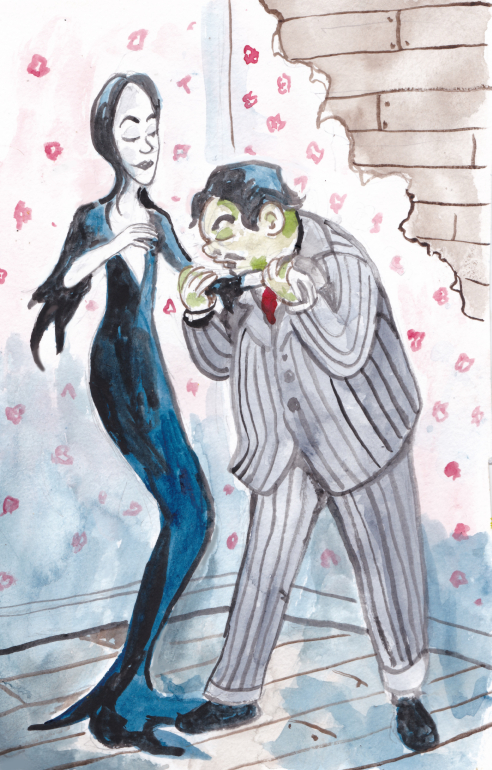 Addams Family Gomez morticia love relationship kiss husband wife wallpaper haunted house watercolor charles illustration fanart