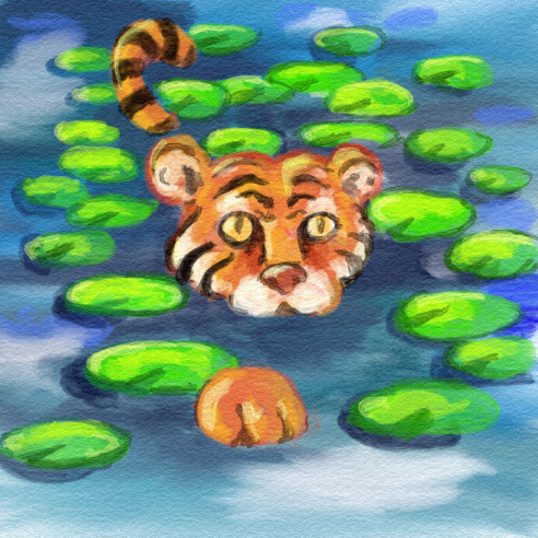 Lunar new year tiger water lilies swimming watercolor procreate digital art