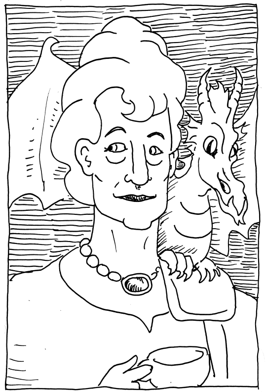 lady sybil ramkin swamp dragon tea pen and ink discworld illustration 