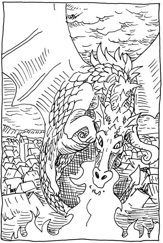 Dragon ankh-morpork discworld attack monster fantasy flight illustration pen and ink city fire flame