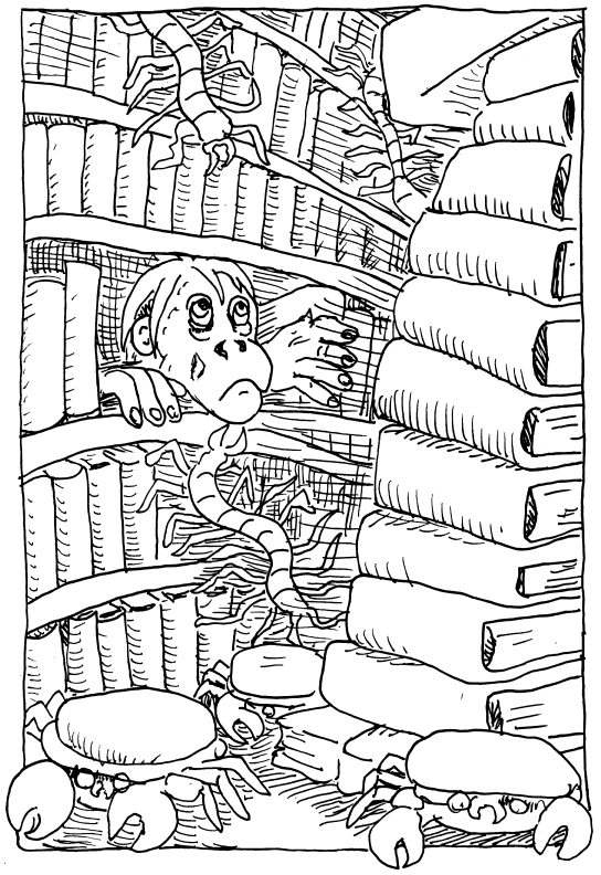 discworld illustration library monsters crabs books predators hiding bookshelves pen and ink