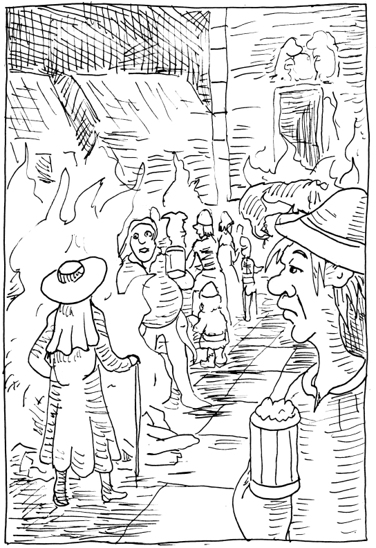 Discworld illustration pen and ink ankh morpork crowd bon fires celebration