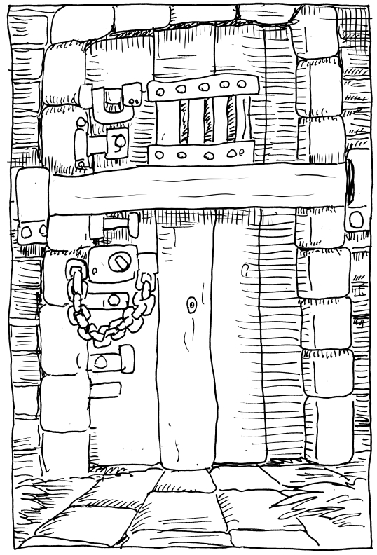 discworld wpmorse illustration pen and ink prison dungeon door cell bolts bars locks