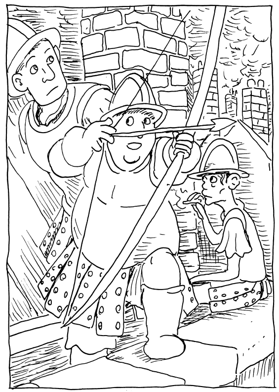 Discworld illustration wpmorse pen and ink ankh morpork sergeant fred colon lance corporal carrot ironfoundersson nobby nobbes roof tops bow and arrow lucky million to one chance archery archer