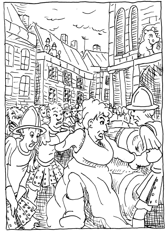 Discworld pen and ink illustration crowd ankh morpork lady sybil ramkin guards