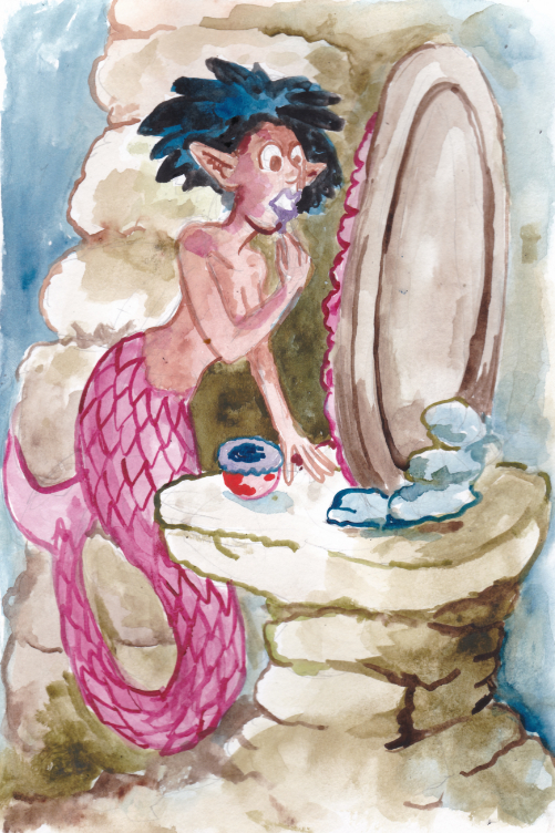 Mermay 2022 mermaids of herschel cove boudoir makeup lipstick mirror rocks cave watercolor illustration