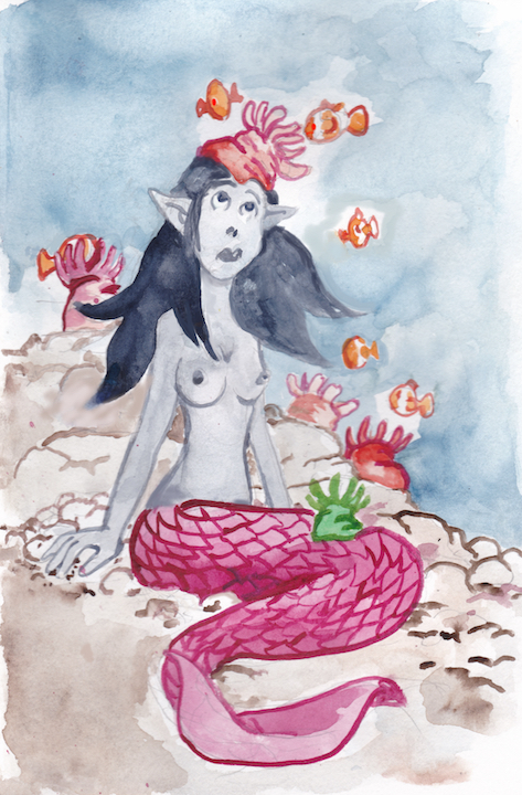 mermay mermaid mermaids of herschel cove watercolor illustration symbiotic symbiotes sea anemones clownfish doris sitting wpmorse