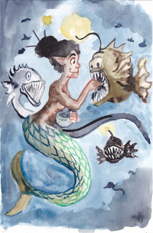 Mermaid mermay 2020 deep sea fish eel angler teeth feeding time dark ocean illustration watercolor