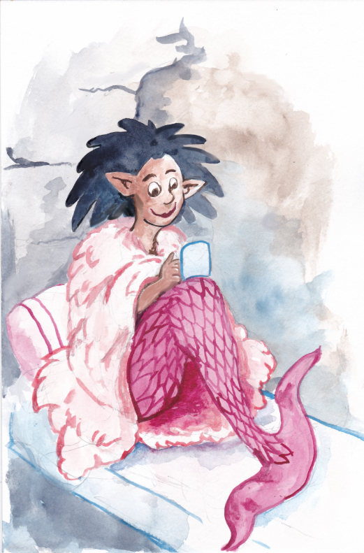 mermay 2022 mermaid cozy blanket sitting hot drink bunkbed watercolor illustration